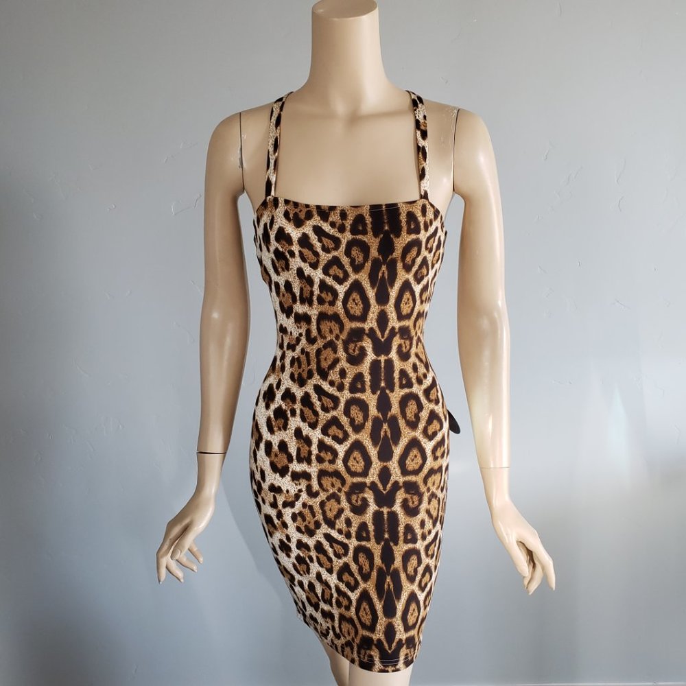 Hot Miami Styles Leopard Lace Up Backless Bodycon Knee Length Dress Small NWT